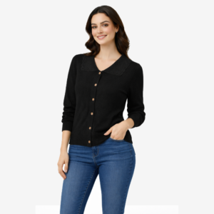 Premium women’s knit top with elegant pearl collar detail by IZORAA, cotton blend stretch fabric, smart casual wear in Sri Lanka.